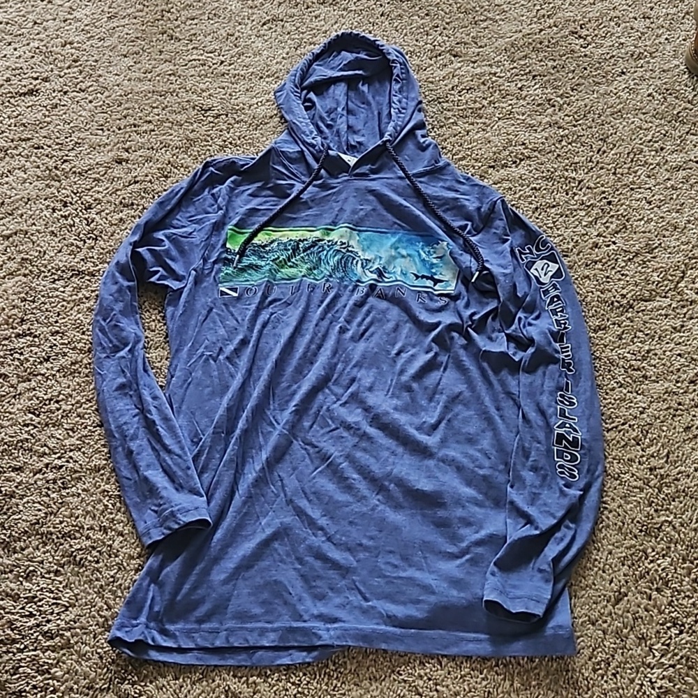Outer Banks, NC, blue long sleeved, hooded Tshirt material, size M